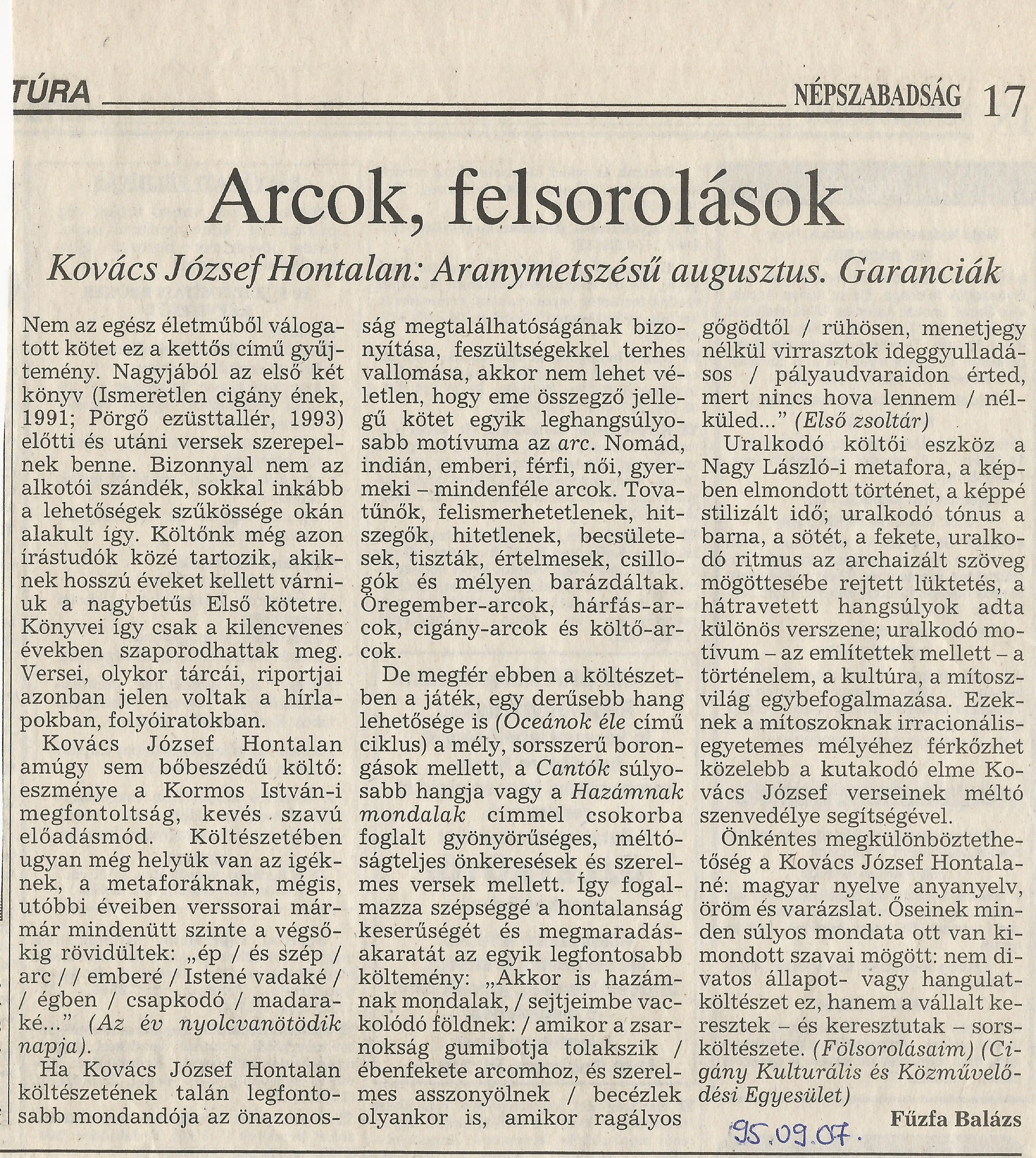 Arcok, felsorolások - Kovács József Hontalan: Aranymetszésű augusztus. Garanciák